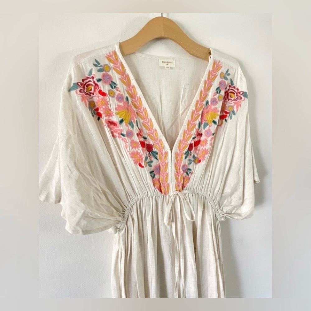 World Market Mira Linen Kaftan Dress L/XL Oatmeal Embroidered Floral - Picture 3 of 6